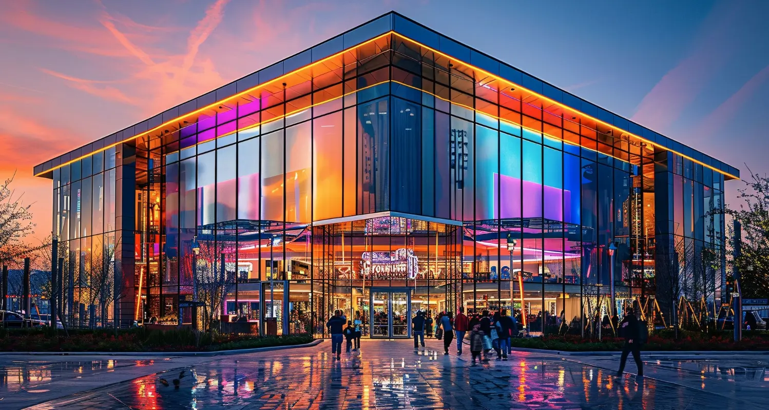 Façade vitrée d’un ensemble commercial au coucher du soleil