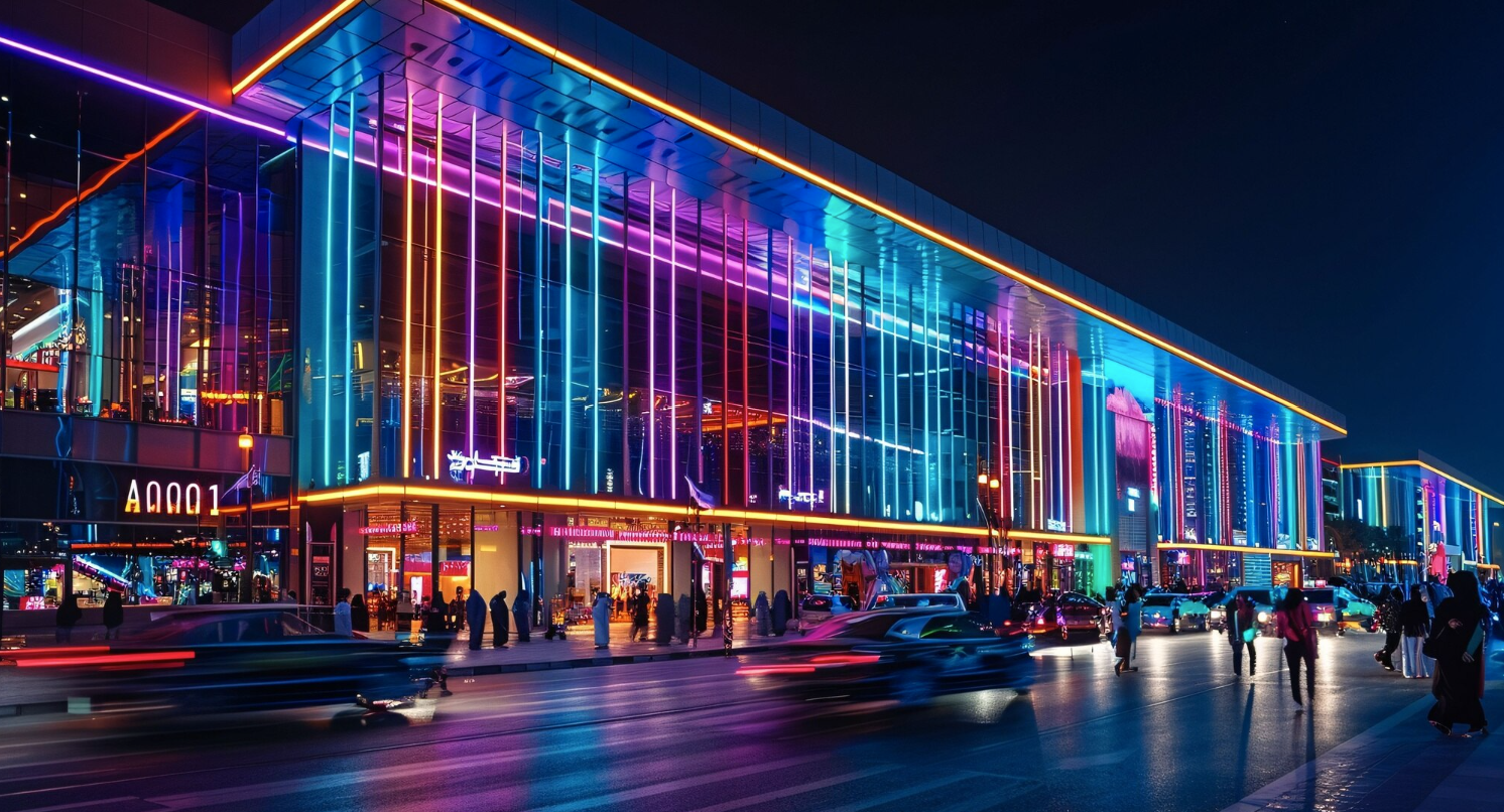 Façade contemporaine d’un centre commercial illuminée