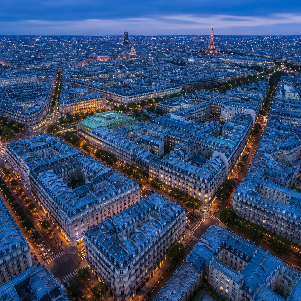 Vue aérienne des toits commerciaux parisiens à l'heure bleue